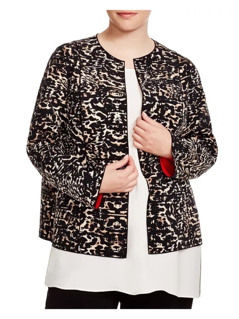 Lafayette 148 New York Leo Animal Print Open Front Jacket Size 6 Red Trim